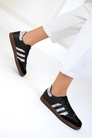  Kadın Siyah / Beyaz  Spor Sneaker Bağcıklı Günlük Rahat Taban Ayakkabı