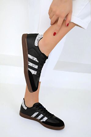  Kadın Siyah / Beyaz  Spor Sneaker Bağcıklı Günlük Rahat Taban Ayakkabı