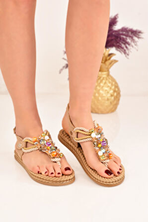 Kadın Çok Renkli Boncuk Detay Parmak Arası Sandalet