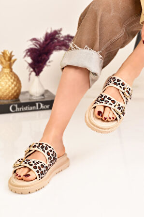 Kadın Siyah Çift Bantlı Gold Tokalı Yumuşak Tabanlı Rahat Terlik