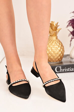 Kadın Taşlı Mat Saten Sivri Burun Kısa Topuklu Kadın Babet 