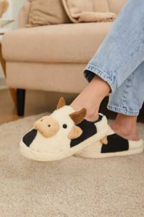 İnek Figürlü Nakışlı | Kışlık Unisex Ev Terliği | Kaydırmaz Taban