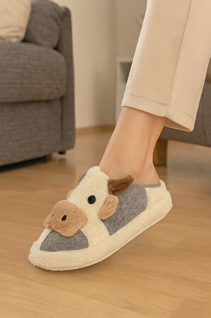 İnek Figürlü Nakışlı | Kışlık Unisex Ev Terliği | Kaydırmaz Taban