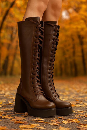 Kadın Bağcıklı Platform Topuklu Uzun Çizme