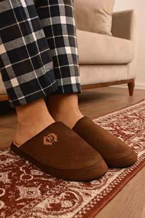 Unisex Nakışlı Kadife Fitilli Desen Rahat Yumuşak Tabanlı İçi Kürklü Terlik