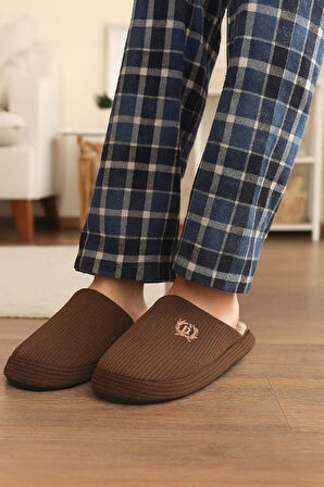 Unisex Nakışlı Kadife Fitilli Desen Rahat Yumuşak Tabanlı İçi Kürklü Terlik