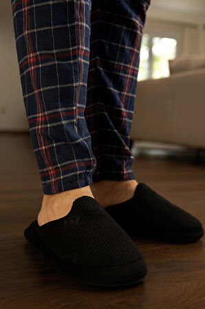 Unisex Nakışlı Kadife Fitilli Desen Rahat Yumuşak Tabanlı İçi Kürklü Terlik