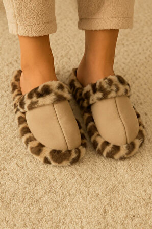 Leopar Desenli Kışlık Sessiz Ev Terliği