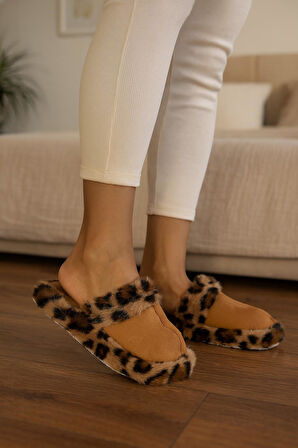 Leopar Desenli Kışlık Sessiz Ev Terliği