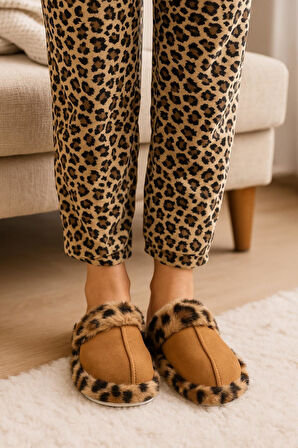 Leopar Desenli Kışlık Sessiz Ev Terliği
