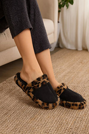 Leopar Desenli Kışlık Sessiz Ev Terliği