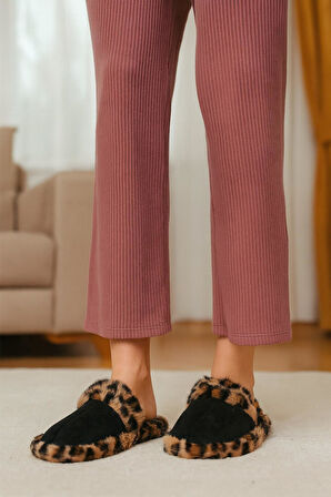 Leopar Desenli Kışlık Sessiz Ev Terliği