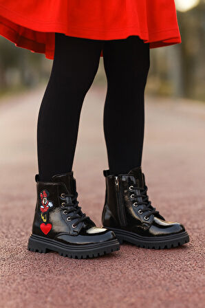 Ortopedik Bağcıklı Fermuarlı Kız Çocuk Bot Ayakkabı Siyah Kız Çocuk Bot