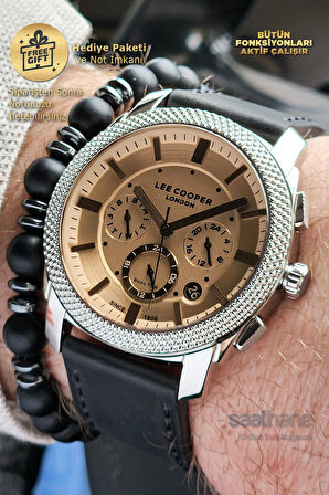 Orijinal Lee Cooper Renkli Özel Cam Siyah Deri Kayışlı Fonksiyonlu Takvimli Erkek Kol Saati