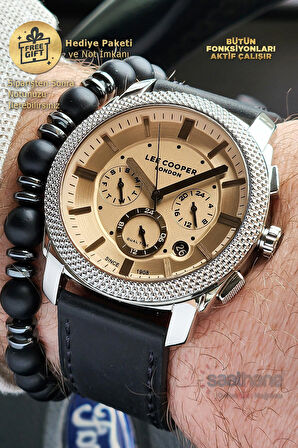 Orijinal Lee Cooper Renkli Özel Cam Siyah Deri Kayışlı Fonksiyonlu Takvimli Erkek Kol Saati