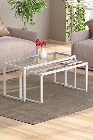 Modern Beyaz Renk 2’li Metal İskeletli Temper Camlı Zigon Orta Sehpa