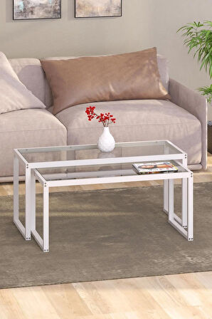 Modern Beyaz Renk 2’li Metal İskeletli Temper Camlı Zigon Orta Sehpa