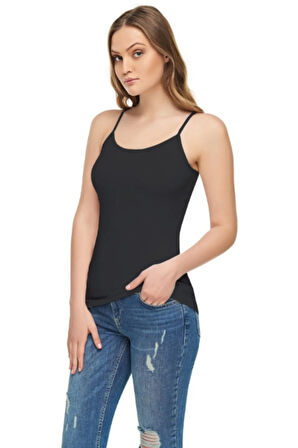 Kadın Siyah Likralı Modal İp Askılı  Atlet Body