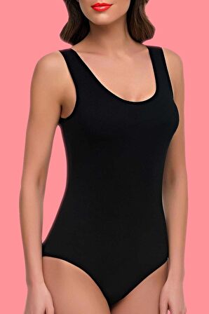 Kadın Siyah 3'Lü Paket Likralı Geniş Askılı Çıtçıtlı Body