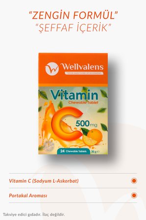 Vitamin C 500 mg Çiğnenebilir Tablet (Şekersiz) | 24 Tablet, Portakal Aromalı