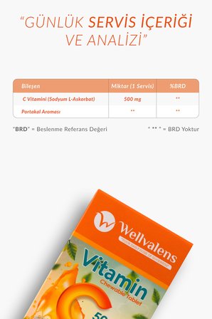 Vitamin C 500 mg Çiğnenebilir Tablet (Şekersiz) | 24 Tablet, Portakal Aromalı