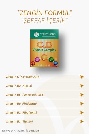 C & B Vitamin Kompleksi - 100 mg C Vitamini, Biotin ve B12 İçeren 30 Kapsül 