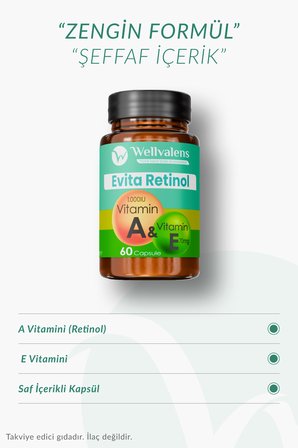 Wellvalens Evita Retinol A Vitamini 1000 µg ve E Vitamini 70 mg İçeren Cilt ve Antioksidan Desteği 60 Kapsül