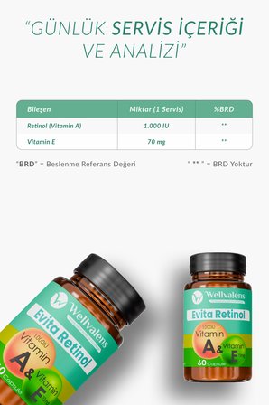 Wellvalens Evita Retinol A Vitamini 1000 µg ve E Vitamini 70 mg İçeren Cilt ve Antioksidan Desteği 60 Kapsül