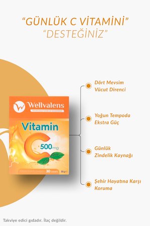 C Vitamini 500 mg 30 Tablet Günlük Kullanım İçin Dengeli Formül