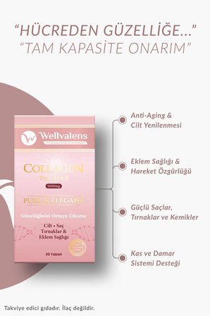 Pure & Elegant Collagen 1000 mg Tip 1-2-3 - 30 Tablet - Hyaluronik Asit, Biotin, Vitamin C