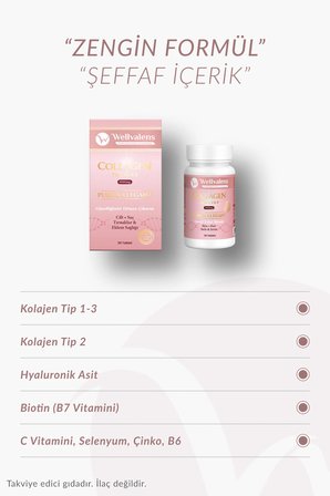 Pure & Elegant Collagen 1000 mg Tip 1-2-3 - 30 Tablet - Hyaluronik Asit, Biotin, Vitamin C