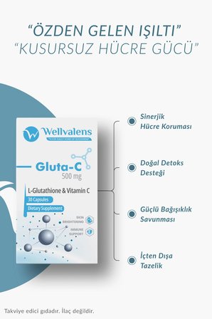 Wellvalens Gluta-C Glutatyon 500 mg Vitamin C Antioksidan ve Cilt Işıltısı Desteği 30 Kapsül