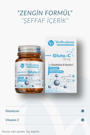 Wellvalens Gluta-C Glutatyon 500 mg Vitamin C Antioksidan ve Cilt Işıltısı Desteği 30 Kapsül
