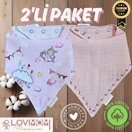 2'li Paket Premium %100 Pamuk Ekstra Soft 2 Kat Müslin Bebek Fuları Salya & Mama Önlüğü 3 Çıtçıtlı - Dream + Pinkone