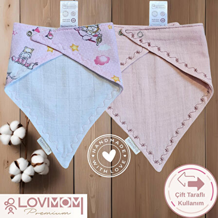 2'li Paket Premium %100 Pamuk Ekstra Soft 2 Kat Müslin Bebek Fuları Salya & Mama Önlüğü 3 Çıtçıtlı - Dream + Pinkone