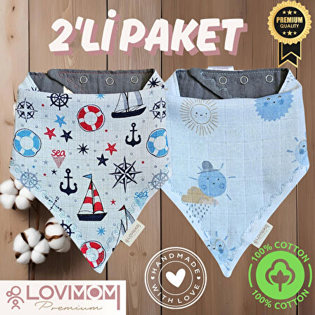 2'li Paket Premium %100 Pamuk Ekstra Soft 2 Kat Müslin Bebek Fuları Salya & Mama Önlüğü 3 Çıtçıtlı - Sunshine + Sailor