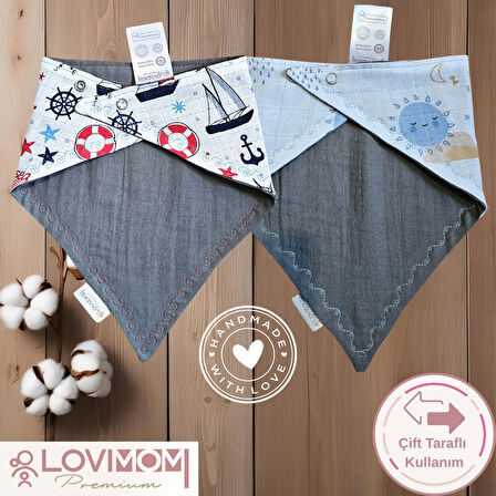 2'li Paket Premium %100 Pamuk Ekstra Soft 2 Kat Müslin Bebek Fuları Salya & Mama Önlüğü 3 Çıtçıtlı - Sunshine + Sailor