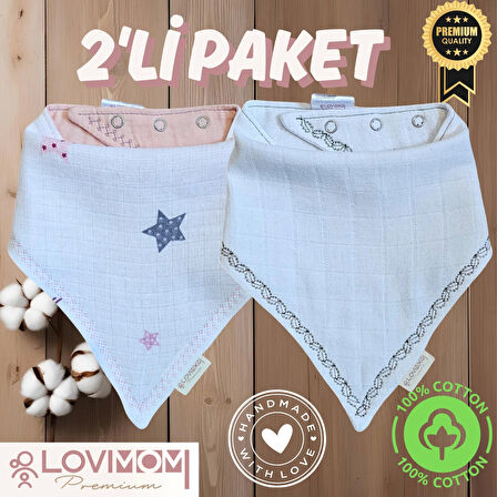 2'li Paket Premium %100 Pamuk Ekstra Soft 2 Kat Müslin Bebek Fuları Salya & Mama Önlüğü 3 Çıtçıtlı - Star + Bright