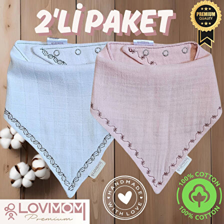 2'li Paket Premium %100 Pamuk Ekstra Soft 2 Kat Müslin Bebek Fuları Salya & Mama Önlüğü 3 Çıtçıtlı