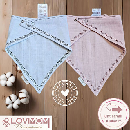 2'li Paket Premium %100 Pamuk Ekstra Soft 2 Kat Müslin Bebek Fuları Salya & Mama Önlüğü 3 Çıtçıtlı