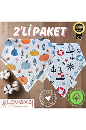 2'li Paket Premium %100 Pamuk Ekstra Soft 2 Kat Müslin Bebek Fuları Salya & Mama Önlüğü 3 Çıtçıtlı