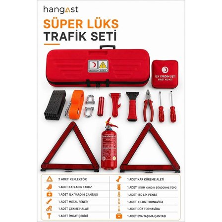 Süper Lüks Trafik Seti 12 Parça - Çantalı İlk Yardım Seti, 1 Kg Yangın Söndürücü, Çekme Halatı, Reflektör, Takoz ve Acil Durum Trafik Kiti