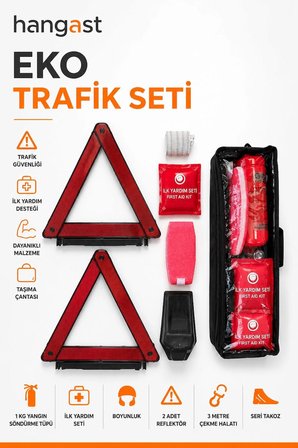 Eko Trafik Seti 7 Parça - 1 Kg Yangın Söndürme Tüpü, 2 Reflektör, İlk Yardım Seti, Çekme Halatı, Boyunluk ve Takozlu Araç Güvenlik Seti