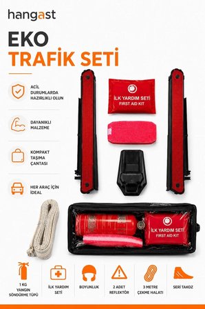 Eko Trafik Seti 7 Parça - 1 Kg Yangın Söndürme Tüpü, 2 Reflektör, İlk Yardım Seti, Çekme Halatı, Boyunluk ve Takozlu Araç Güvenlik Seti