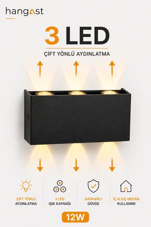 PİLLİ AMBER 3 LED Dekoratif Duvar Apliği | Çift Yönlü Yukarı Aşağı Aydınlatma | İç & Dış Mekan Duvar Lambası