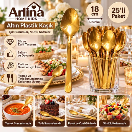 Arlina Home Kids Altın Plastik Kaşık 18 cm 25 Adet