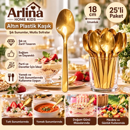 Arlina Home Kids Altın Plastik Kaşık 18 cm 25 Adet