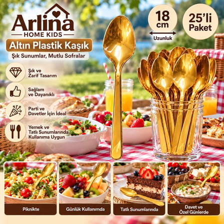 Arlina Home Kids Altın Plastik Kaşık 18 cm 25 Adet