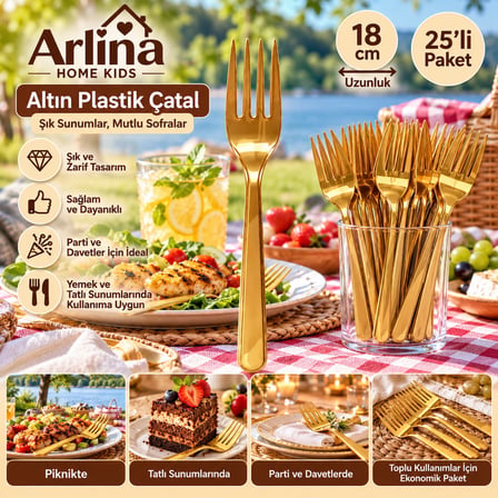 Arlina Home Kids Altın Plastik Çatal 18 cm 25 Adet