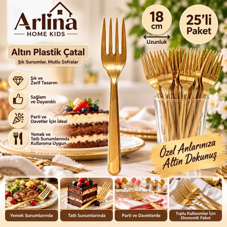 Arlina Home Kids Altın Plastik Çatal 18 cm 25 Adet